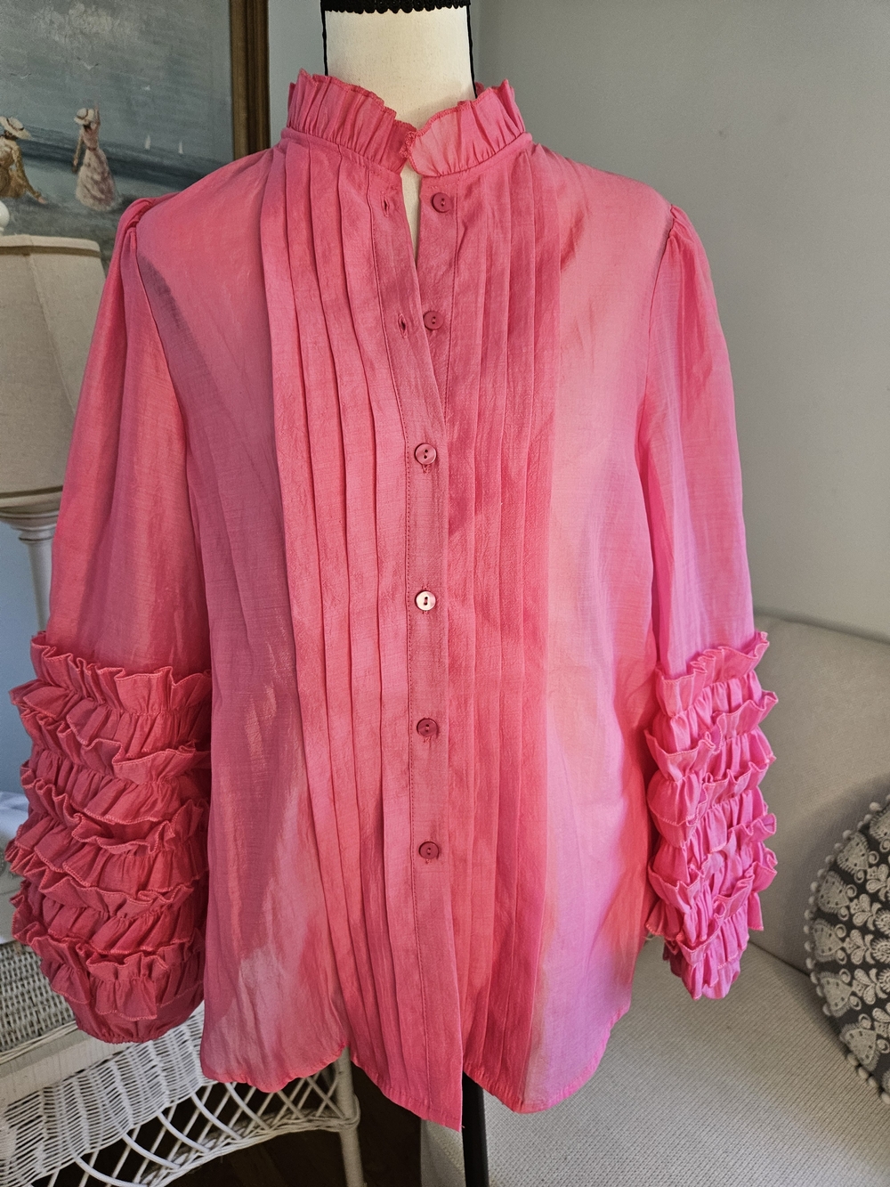 Women’s Pink Ruffle Sleeve Pleated Front Blouse